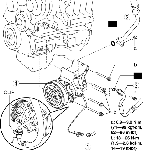 Mazda 2. A/C COMPRESSOR REMOVAL/INSTALLATION