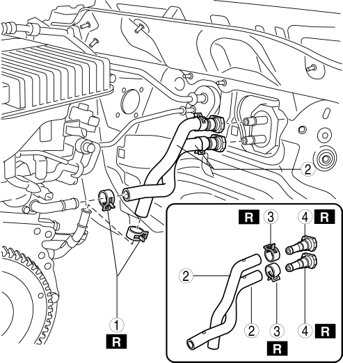 Mazda 2. HEATER HOSE REMOVAL/INSTALLATION