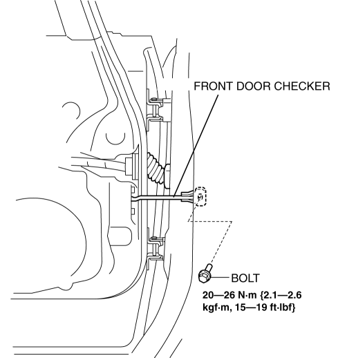 Mazda 2. FRONT DOOR CHECKER REMOVAL/INSTALLATION