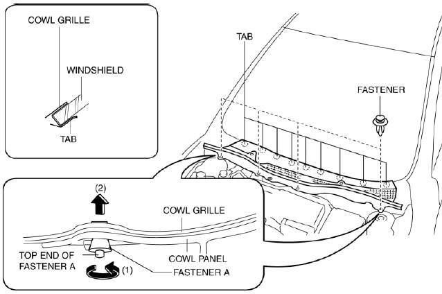 Mazda 2. COWL GRILLE REMOVAL/INSTALLATION
