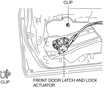 Mazda 2. FRONT DOOR LATCH AND LOCK ACTUATOR REMOVAL/INSTALLATION