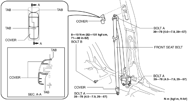 Mazda 2. FRONT SEAT BELT REMOVAL/INSTALLATION