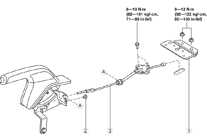 Mazda 2. FRONT PARKING BRAKE CABLE REMOVAL/INSTALLATION