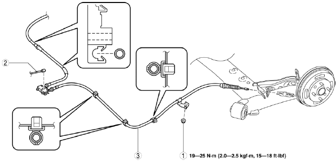 Mazda 2. REAR PARKING BRAKE CABLE REMOVAL/INSTALLATION