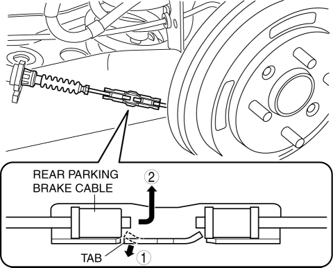 Mazda 2. REAR PARKING BRAKE CABLE REMOVAL/INSTALLATION