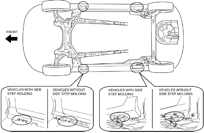 Mazda 2. Jacking Positions, Vehicle Lift (2 Supports) and Safety Stand (Rigid Rack) Positions