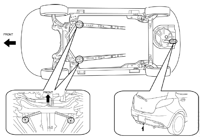 Mazda 2. Jacking Positions, Vehicle Lift (2 Supports) and Safety Stand (Rigid Rack) Positions